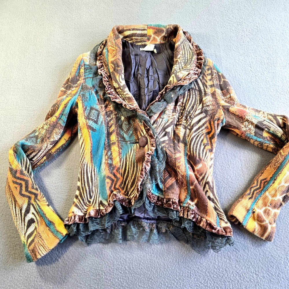 Alberto Makali Knit Blazer Womens Small Multicolor Animal Print Ruffle Lace Trim